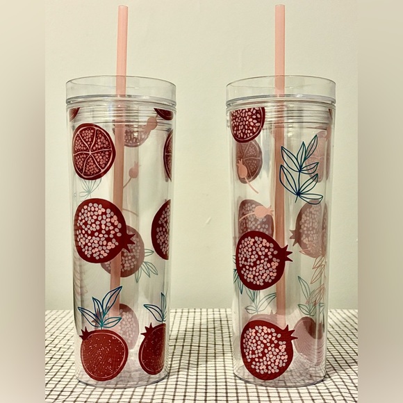 ‘2-BRAND-NEW’ 16OZ. POMEGRANATE THEMED TUMBLERS WITH NEVER-LOSE-STRAWS… - Picture 1 of 5